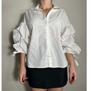 a.n.a White Boho Cottagecore Puff Sleeve Button Up Blouse Size Large